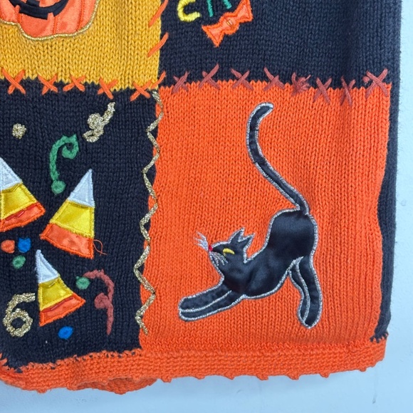 VTG 90s Halloween Sweater Vest L Patchwork Embroidery Orange Witch Hat Black Cat - Picture 4 of 10
